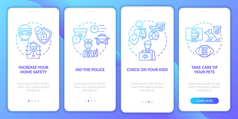 Household remote monitoring onboarding mobile app page screen. Police aid walkthrough 4 steps graphic instructions with concepts. UI, UX, GUI vector template with linear color illustrations