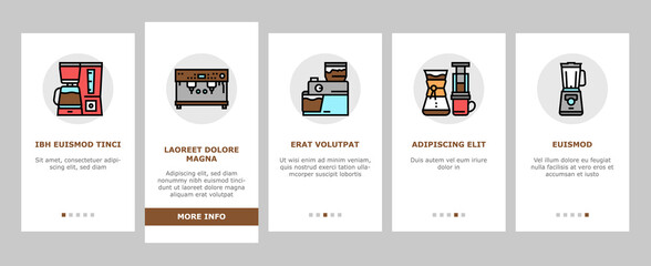Coffee Shop Equipment Onboarding Mobile App Page Screen Vector. Coffee Cafe Device For Prepare Delicious Energy Drink And Pastry Dessert, Milk And Cream Illustrations