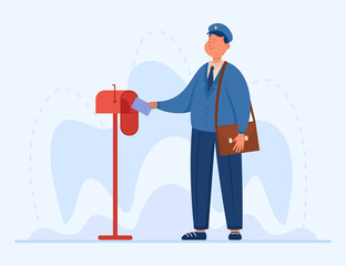 Smiling postman putting letter into mailbox. Male cartoon character in uniform with bag delivering envelope flat vector illustration. Delivery, profession, mail concept for banner, or landing web page