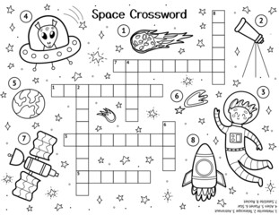 Crossword for kids with cute space characters. Black and white space activity page for kids and word search puzzle. Educational coloring sheet for school and preschool. Vector illustration