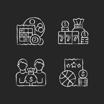 Participation in lottery chalk white icons set on dark background. Bingo game. Winning large cash reward. Pari mutuel prize. Sports betting. Isolated vector chalkboard illustrations on black