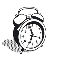 Classic alarm clock in perspective view with shadow isolated on white background. High contrast black and white vector illustration