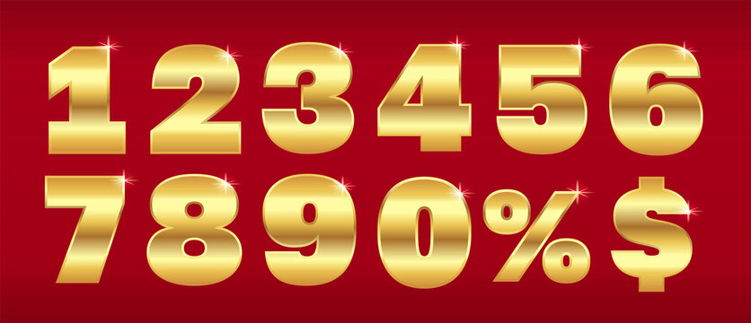 Big golden numbers with glitter, isolated on red background