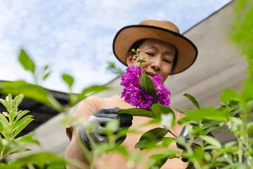 Foto op Canvas Happy gardener woman with beautiful blooming flower in home garden. outdoor © bignai
