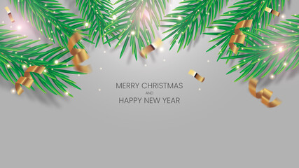 Merry Christmas and Happy New Year Banner. Light Grey Background. Christmas Lights and Sparkles with Serpentine and Confetti 