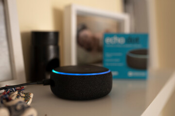 Rio de Janeiro, Brazil - August 4, 2021: Amazon Echo Dot smart speaker with built-in Alexa voice...