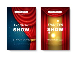 Stage red curtain show. Comedy and theatre cards playbills with realistic veils frames, vector set of art performance elegant design posters