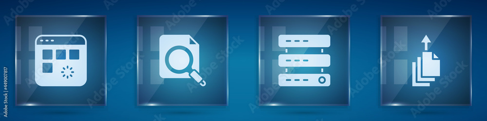 Poster set loading data window, search concept with folder, server, data, web hosting and export. square gl