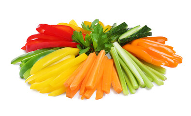 Different vegetables cut in sticks on white background