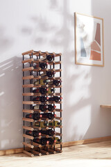 Interior photo: stylish wine rack with bottles is located on the table near wine glasses. High wine...