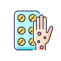 Pills for allergy RGB color icon. Antihistamine medication. Relieve symptoms. Allergic rhinitis treatment. Relief from nasal stuffiness. Isolated vector illustration. Simple filled line drawing