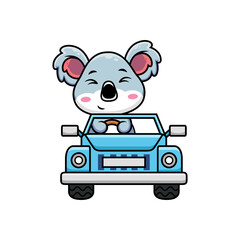 Cute cartoon koala driving blue car
