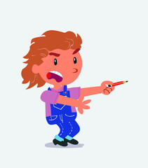 angry cartoon character of little girl on jeans with pencil points to the side.