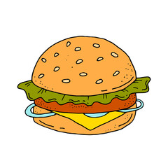 Fast food. Burger. Food. A quick snack. Vector. Scribble. Hand-drawn illustration.