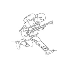 Continuous line art drawing man playing guitar
