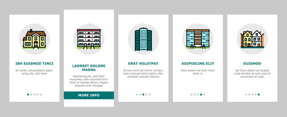 House Constructions Onboarding Mobile App Page Screen Vector. Townhome House And Mobile Home, Villa And Palace Building, Apartment And Residence Illustrations