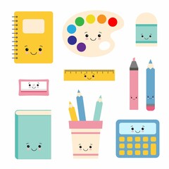 Cartoon vector characters of school writing stationery.