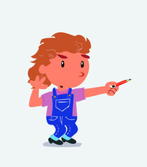 Fototapeta premium cartoon character of little girl on jeans doubts while pointing to the side with a pencil.