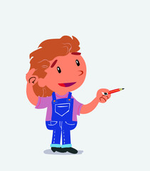 cartoon character of little girl on jeans doubts while pointing with a pencil.