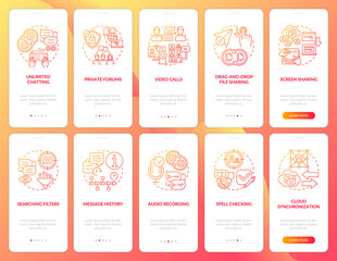 Message software red onboarding mobile app page screen set. Online instant chat walkthrough 5 steps graphic instructions with concepts. UI, UX, GUI vector template with linear color illustrations
