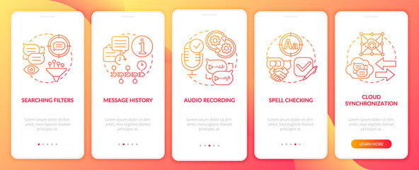 Best messaging feature red onboarding mobile app page screen. Chat history walkthrough 5 steps graphic instructions with concepts. UI, UX, GUI vector template with linear color illustrations
