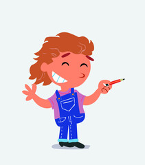 cartoon character of little girl on jeans says something funny while pointing to the side with a pencil.