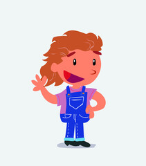 cartoon character of little girl on jeans waving happily.