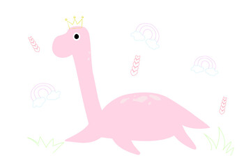 Naklejka premium Princess Dinosaur. Cute Dino illustration cartoon design with white background. Rainbow and Clouds and Grass and Leaf Heart. Simple Nursery Art for Baby Girl. Vector EPS10.