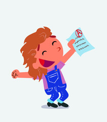 euphoric cartoon character of little girl on jeans raises his arms with exam in hand.