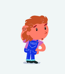 Fototapeta premium funny cartoon character of little girl on jeans doubting.