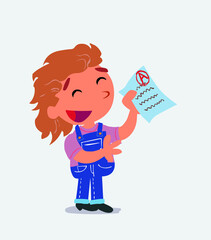 happy cartoon character of little girl on jeans explaining something with exam in hand.