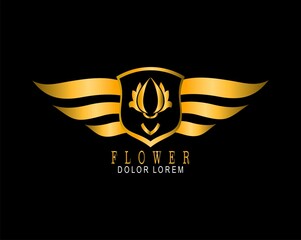 Gold Logo for Business, fashion, beauty, building with shield and flower elements in luxury style