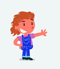 Pleased cartoon character of little girl on jeans points to something.