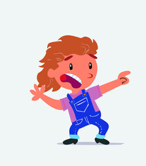 Scared cartoon character of little girl on jeans points to the side.