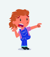 Surprised cartoon character of little girl on jeans pointing at something.