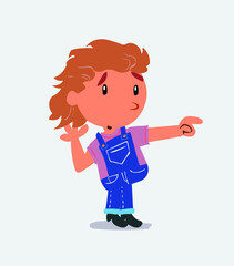 Surprised cartoon character of little girl on jeans points to something to his side.