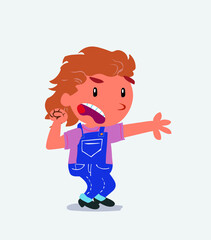Very angry cartoon character of little girl on jeans pointing at something.