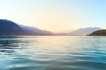 Annecy lake in the morning in vintage style, France