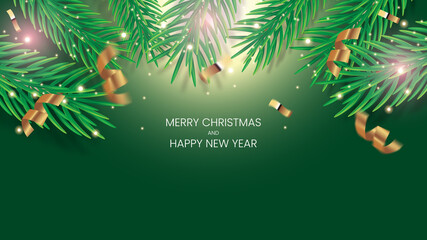 Merry Christmas and Happy New Year Banner. Green Background. Christmas Lights and Sparkles with Serpentine and Confetti 
