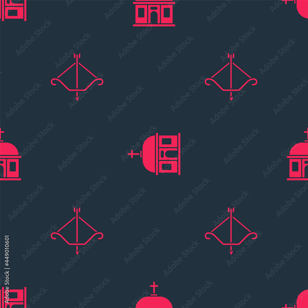 Poster set medieval bow with arrow and santorini building on seamless pattern. vector