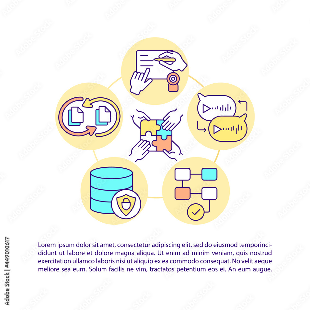 Poster online software for collaboration concept line icons with text. ppt page vector template with copy s