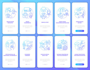 Human slavery related onboarding mobile app page screen set. People slavery walkthrough 5 steps graphic instructions with concepts. UI, UX, GUI vector template with linear color illustrations