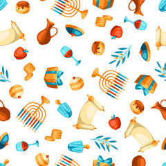 Happy Hanukkah seamless pattern with religious symbols. Background with holiday objects.