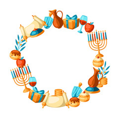 Happy Hanukkah frame with religious symbols. Illustration with holiday objects.