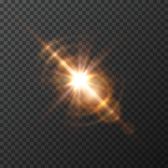 Light effect, star burst with sparkles isolated on transparent background. Sun flash rays or gold spotlight. Glow yellow flare template
