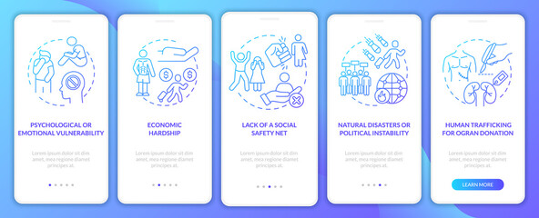 Human trading reasons blue onboarding mobile app page screen. What leads to slavery walkthrough 5 steps graphic instructions with concepts. UI, UX, GUI vector template with linear color illustrations