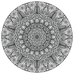 mandala drawn with floral ornaments in folk style for coloring on a white background, vector