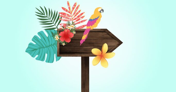 Animation of parrot and tropical plant leaves over wooden sign on blue background