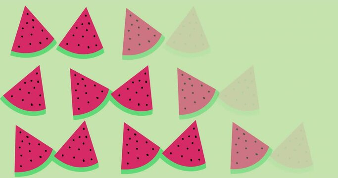 Animation of single watermelons floating on green background
