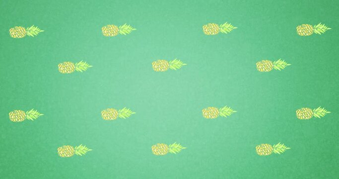 Animation of single pineapples floating on green background